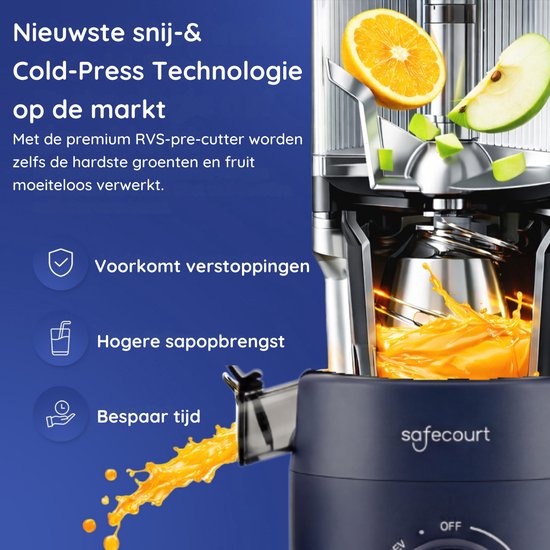 Safecourt Kitchen Slow Juicer - krachtige motor [Pre-cutter & Cold-press technologie] - eenvoudige reiniging - BPA-vrij - sapcentrifuge Blauw