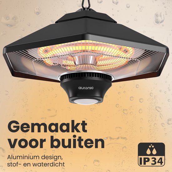Auronic Terrasverwarmer - Infrarood Verwarming - Hangend - 20m2 - Elektrisch - 2000W - Afstandsbediening - 3 Standen - Zwart