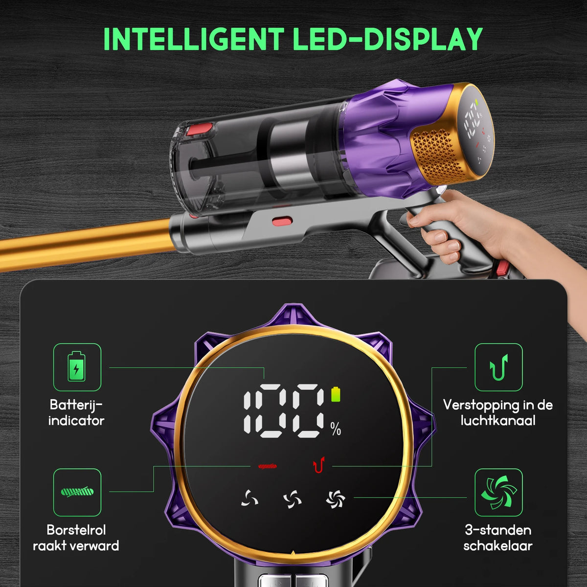 Daynee Draadloze Steelstofzuiger 65 kPa - Tot 70 Minuten Looptijd - Anti-Klit Borstel met LED - Ideaal voor Dierenhaar - Goud