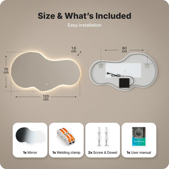 Mirlux Badkamerspiegel met LED Verlichting & Verwarming – Wandspiegel Asymmetrisch – Anti Condens Douchespiegel - Frameloos - 120x70 cm