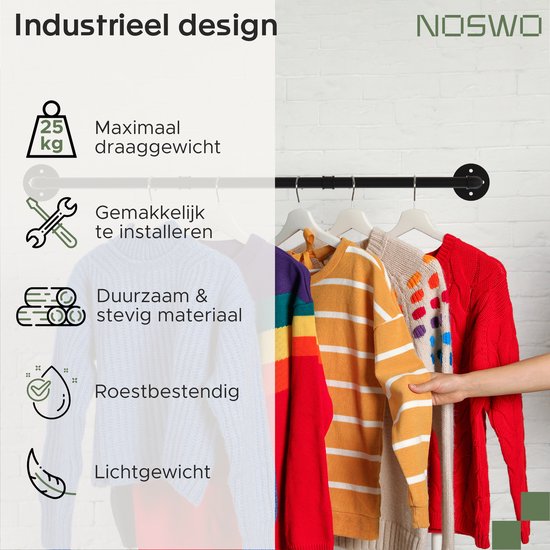 Noswo Kledingstang voor aan de Muur – 2 Stuks - Hoogwaardige Stalen Kledingroede – Kledingrek - Hangrek - Garderobe Stang - 112 cm – Zwart