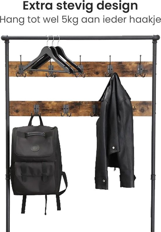 Goliving Kapstok XL – Garderoberek – Schoenenrek – Staand – Industriële kast – Metaal/Hout – 100 x 41.5 x 182 cm – Bruin/Zwart
