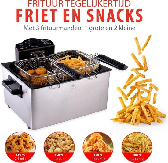 alpina Dubbele Friteuse - Frituurpan 5 Liter - 3 Frituurmanden - 2000W - RVS