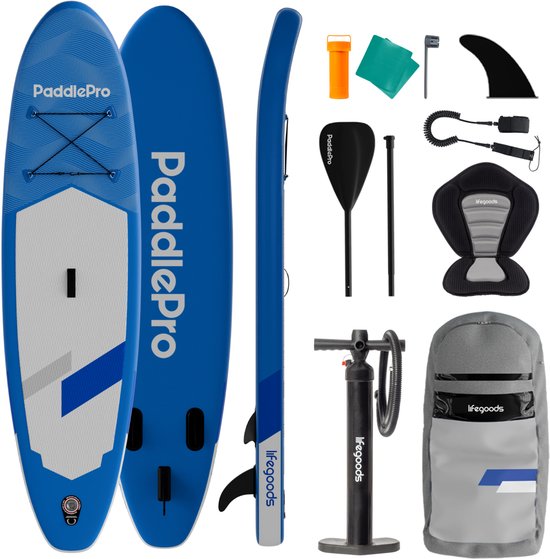 LifeGoods SUP Board Allround Compact - met Zitje - 100 KG Draagkracht - 300 x 76 cm - Opblaasbaar - Compleet SUP pakket - Blauw