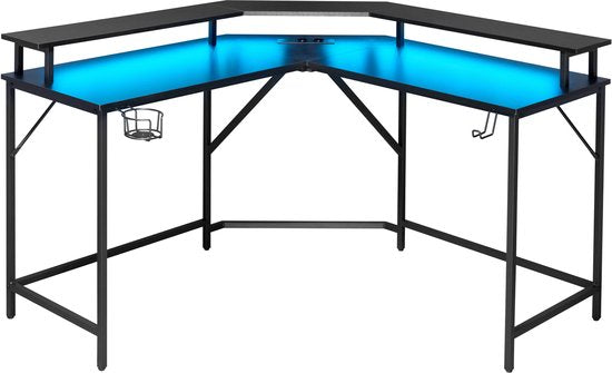 Hoekbureau - game bureau - L vormig bureau - USB en USB C poort en stroomsnoer aansluiting in bureaublad - LED verlichting - 130 x 130 x 50 cm bureaublad