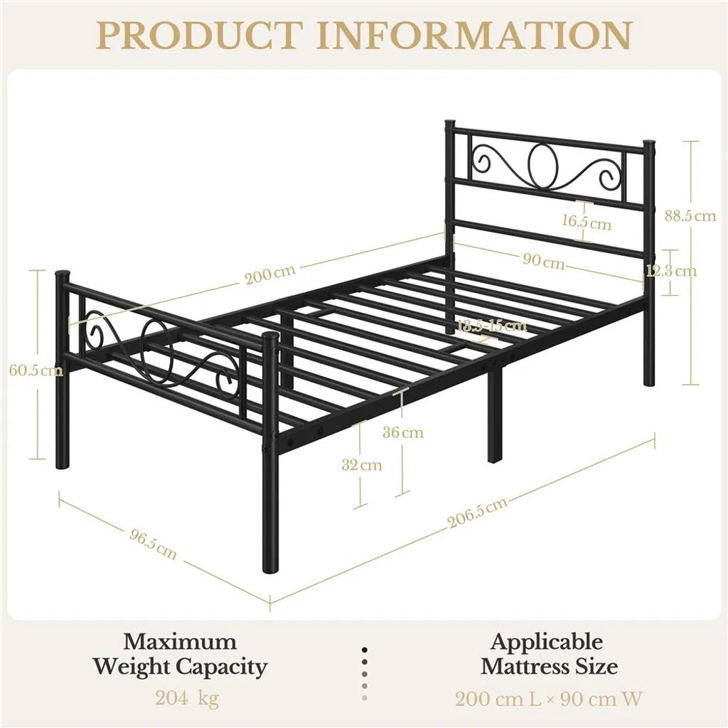 Yaheetech Metalen Bedframe 90 x 200 cm - Zwart - Eenpersoonsbed met Lattenbodem