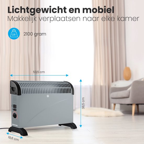 Auronic Elektrische Convectorkachel - 750/1250/2000 Watt - Met Ventilator - Verwarming - Ventilatorkachel - Grijs