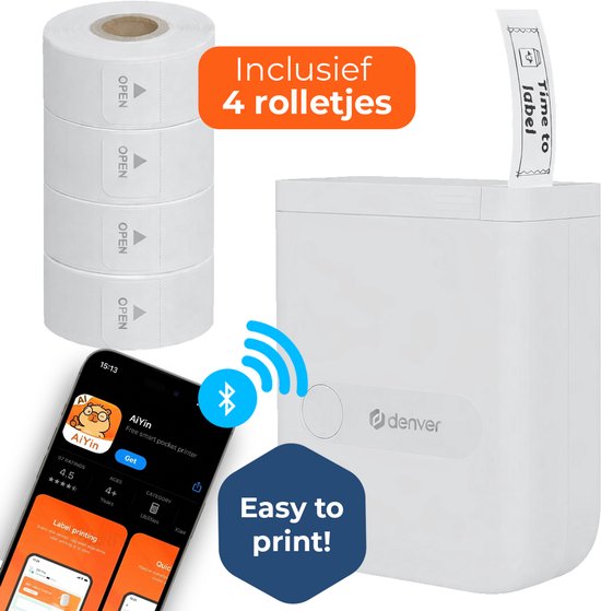 Denver Labelprinter - Bluetooth - Verbinding met smartphone - 15x40mm - Incl. 4 stickerrollen - MBP16