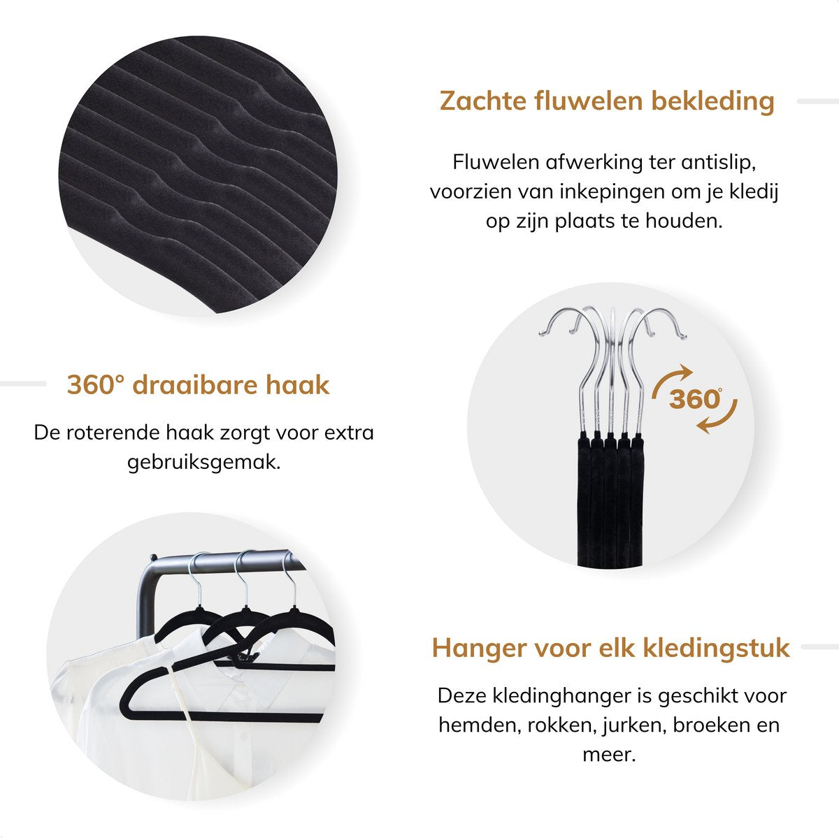 Acaza Fluwelen kledinghangers - 60 stuks - Antislip met draaibare haak - Zwart