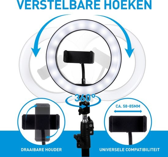 Grundig Ringlamp met Statief en Telefoonhouder - Verstelbaar tot 210cm - Geschikt voor TikTok en YouTube - 3 Lichtstanden