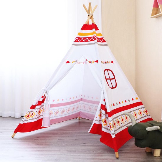 Sunny LED Tipi Tent Rood/wit - 60 LED lampjes - FSC houten palen - 120 x 120 x 160 cm