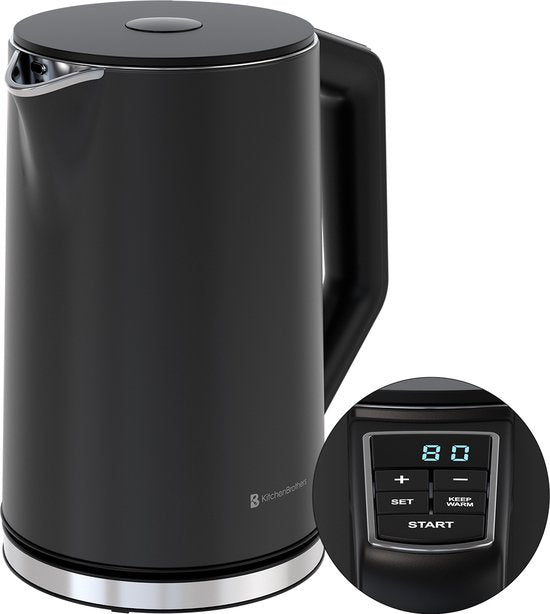 KitchenBrothers Waterkoker - Elektrisch - 1,5L - 2200W - Instelbare Temperatuurregeling - Dubbelwandig - Waterkoker RVS - Zwart