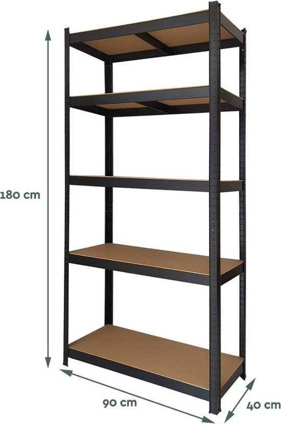 BRASQ Stellingkast Zwart Set van 2 - Metalen Opbergrek - voorraadkast - wandkast - Magazijnstelling 180x90x40 - 5 lagen - 175 KG per plank - max 875 KG