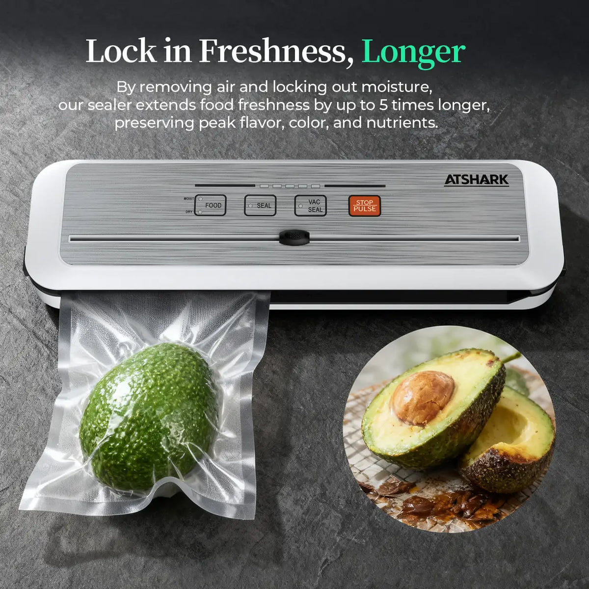 ATSHARK 5-In-1 Vacuum Sealer – High Pressure Touchscreen Design, Fast and Convenient, Includes 50 Vacuum Bags, Ideal for Home Food Preservation, White, VS6621