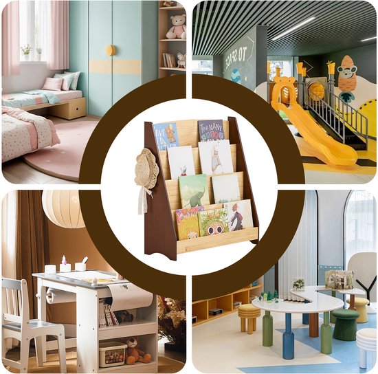 SoBuy KMB32-N Boekenkast voor kinderen, speelgoed, boekenkast, 4 niveaus, met 2 haken, boekenrek, opbergkast, slaapkamer, kantoor, woonkamer, natuur, 91 x 30 x 89 cm