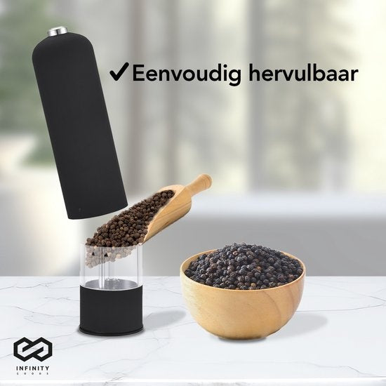 Infinity Goods Elektrische Peper- En Zoutmolen Set - Pepermolen - Zoutmolen - Verstelbare Maalgraad - Kruidenmolen - Zwart