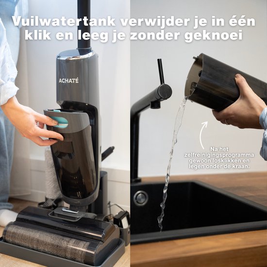 Achaté Dweilstofzuiger – 3-in-1 Steelstofzuiger met Dweilfunctie – Nat & Droog Vloerreiniger – Draadloos 55 min – Zelfreinigend – Voor streeploos schone vloeren