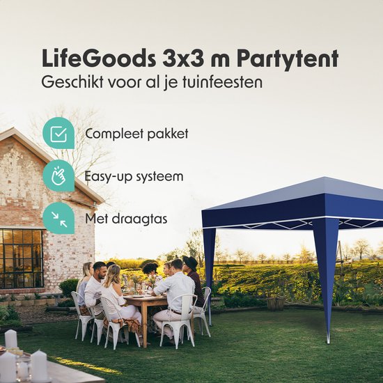 LifeGoods Partytent - Paviljoen - Easy Up - Opvouwbaar - Waterdicht - Met Draagtas - 300 x 300 cm – Blauw