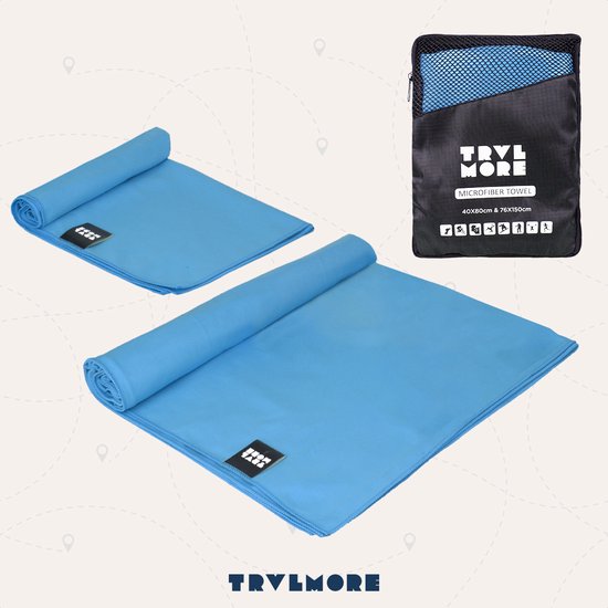 TRVLMORE Microvezel Reishanddoek Set - 2 Stuks - Klein (40 x 80 cm) & Groot (76 x 150 cm) - Microvezel - Blauw