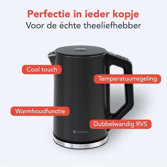 KitchenBrothers Waterkoker - Elektrisch - 1,5L - 2200W - Instelbare Temperatuurregeling - Dubbelwandig - Waterkoker RVS - Zwart