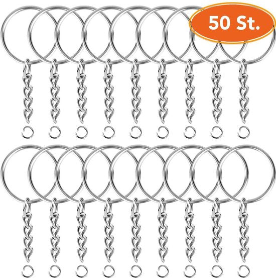 Sleutelringen met Ketting - 50 RVS Sleutelhanger Split Ringen - Sleutel Hanger Splitringen Set - 25 mm - 50 Stuks