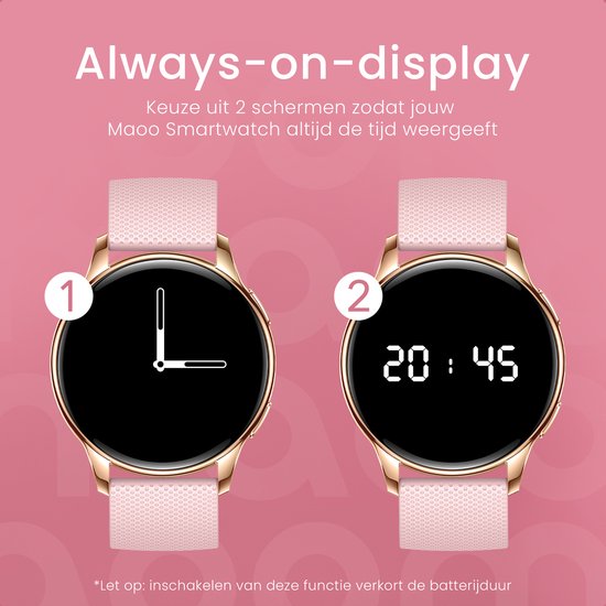 Maoo Ventura AMOLED Smartwatch Dames – RVS & 4 Siliconen Bandjes – Stappenteller, Hartslagmeter, Slaapmonitor, Multisport, Notificaties, Bellen, GPS, Android & iOS – Rosé Goud & Roze