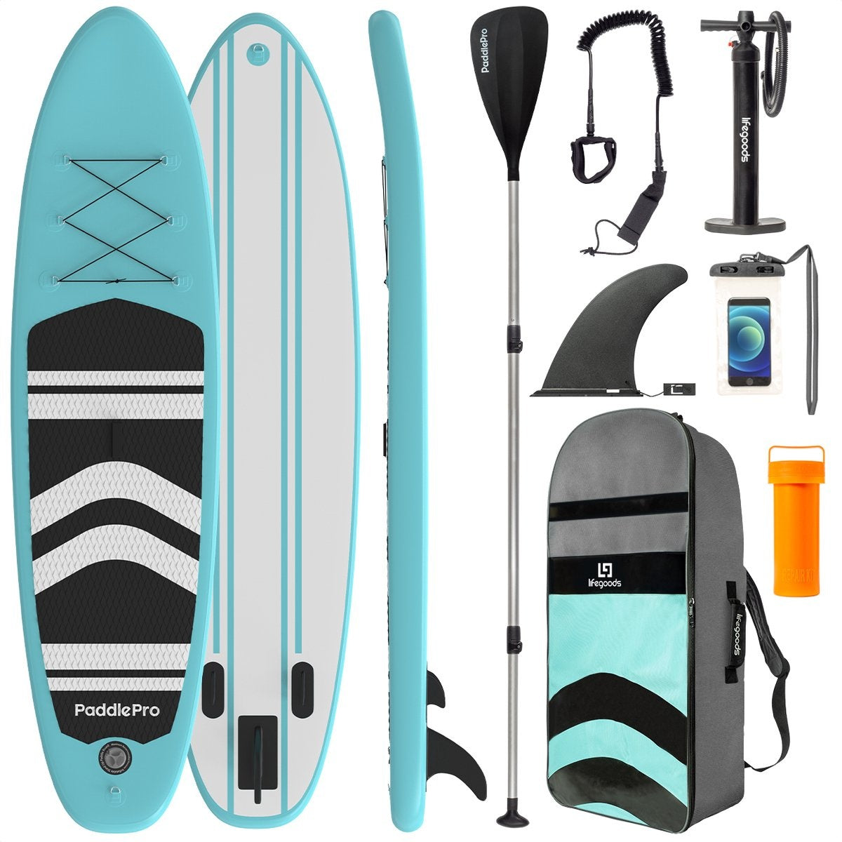 LifeGoods SUP Board - Opblaasbaar Paddle Board - Complete Set - Max. 135KG - 320x81cm - Mintgroen/Zwart