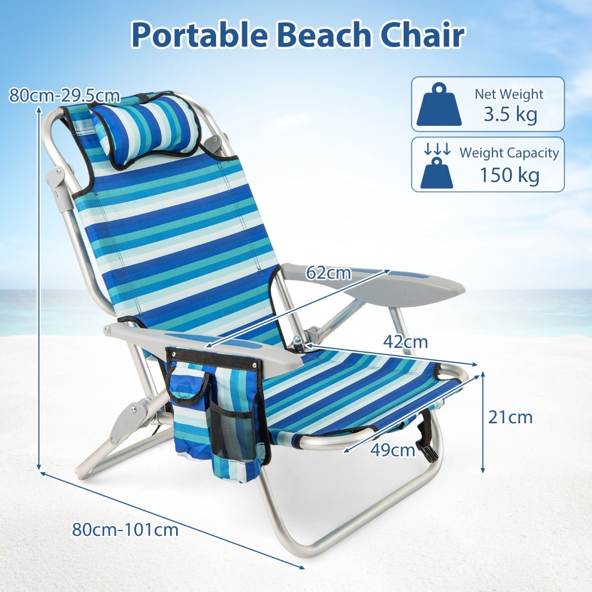 Coast Opvouwbare Strandstoel Set - Verstelbare Rugleuning - Inclusief Koelbox - Blauw