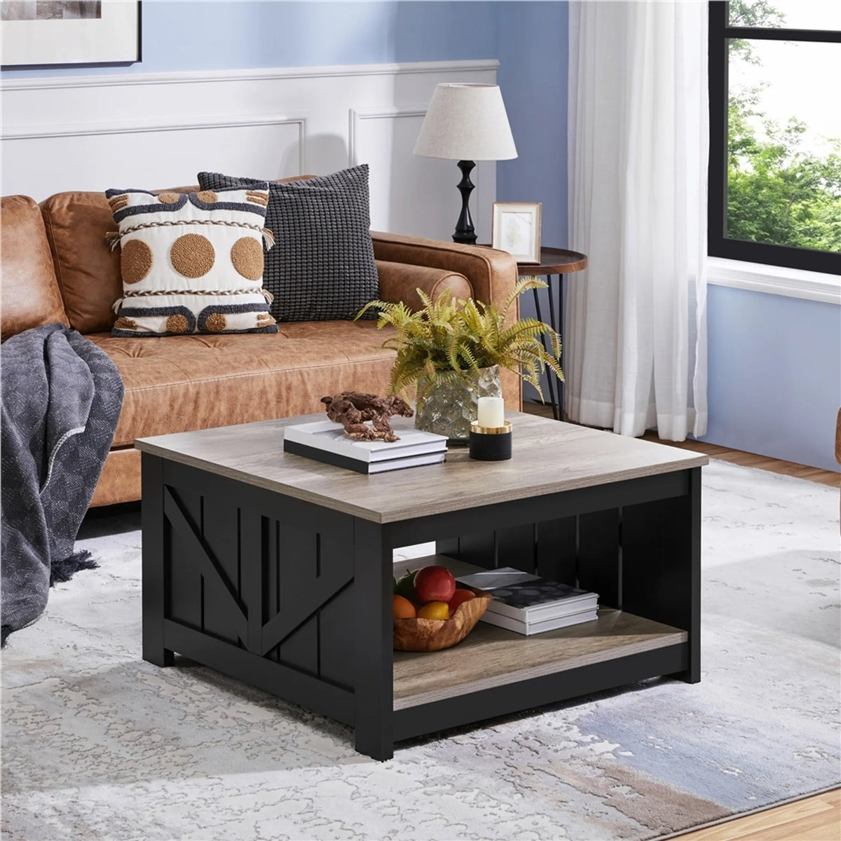 Yaheetech Salontafel Vierkant – 80 x 80 x 45 cm – Voorzien Van Ruim Opbergvak En Schuurdeur-Design En Houtnerf Fineer – Voor Woonkamer En Zithoek – Grijs E1 MDF