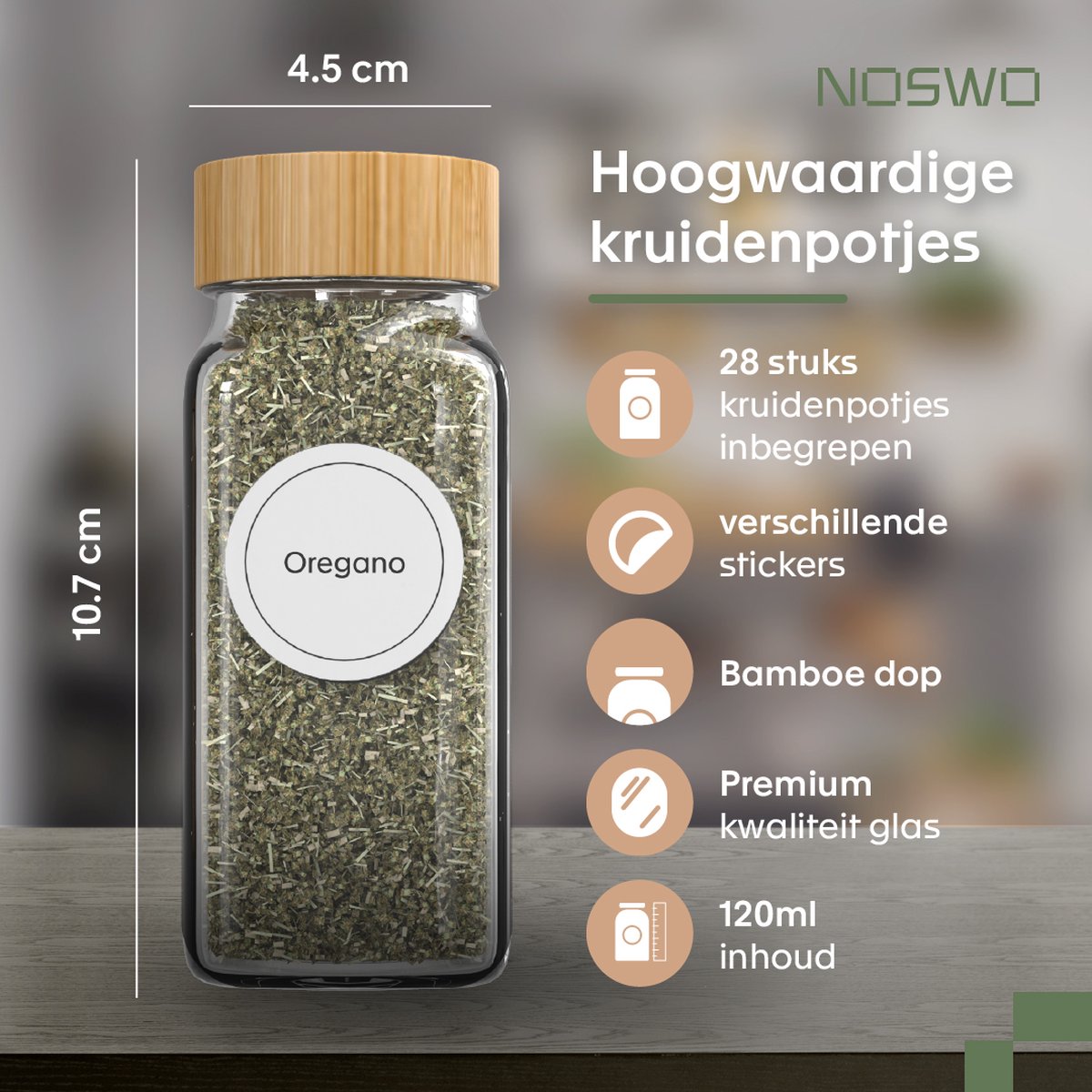 Noswo Kruidenrek Lade - Met 28 Potjes - Complete Set - Vierkant - Strooideksel en Labels - Kruiden Organizer - Keukenlade Organiser - Bamboe