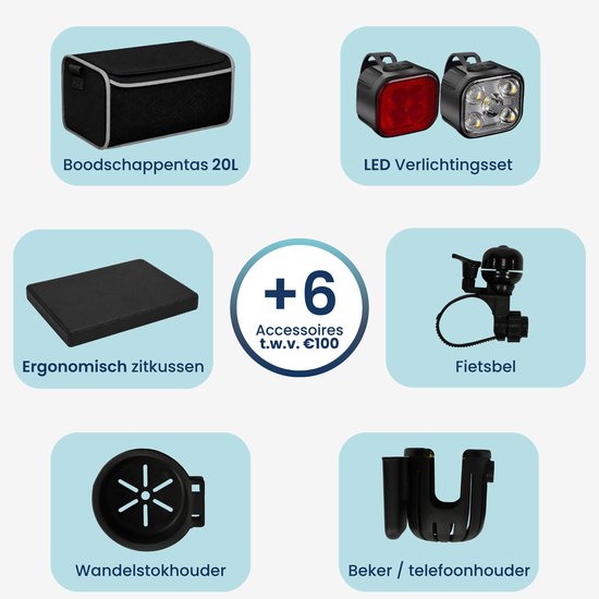 TrueSafe Rollator lichtgewicht en opvouwbaar (6,9 kg) - Voor binnen en buiten - Incl. ergonomisch zitkussen, verlichting, rugleuning, wandelstokhouder en meer - Blauw