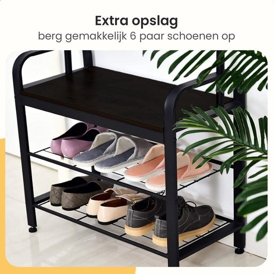 Goliving Kapstok – Garderoberek – Halmeubel – Schoenenrek – Schoenenkast – Industriële kast – Metaal/Hout – 72 x 34 x 183 cm – Zwart