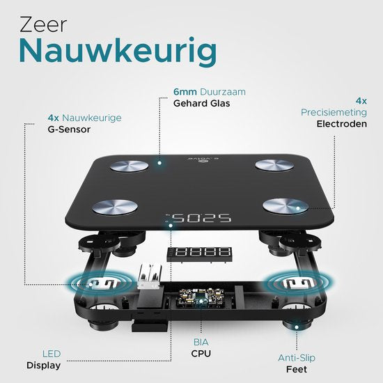 e.volve Weegschaal Personenweegschaal Digitaal - 20x - Zwart - Slimme Weegschaal met Lichaamsanalyse - Precisie Weegschaal - Weegschalen - Digitale Weegschaal - Incl. App