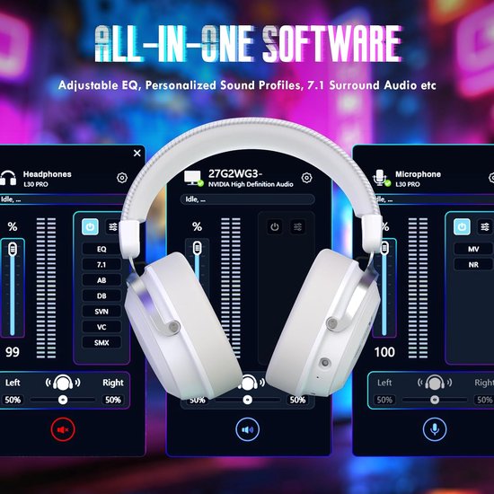 ATTACK SHARK L30PRO Draadloze Gaming Headset - 7.1 Surround Sound - 50mm Drivers - 20ms Lage Latency - Afneembare Microfoon met Ruisonderdrukking - Frame van Aluminiumlegering - Tri-Mode Connectiviteit - Over-Ear Headset - Wit