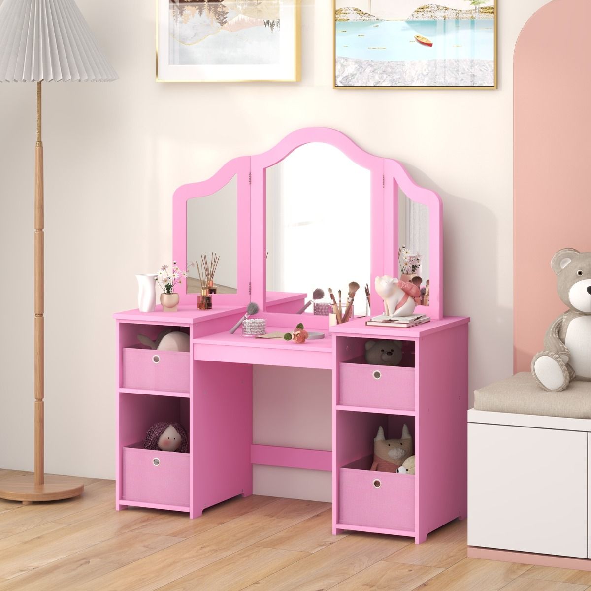 Coast Kinderkaptafel en Schrijftafel - Afneembare Driewegspiegel - Met Opbergbakken - Roze
