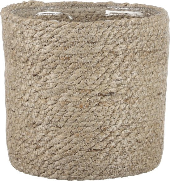 Mica Decorations Plantenpot - rotan - bruin - plantenmand - H16 en D16 cm - naturel mand van gedraaid jute/riet - plastic binnenkant