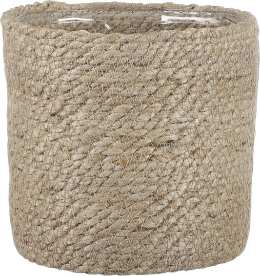 Mica Decorations Plantenpot - rotan - bruin - plantenmand - H16 en D16 cm - naturel mand van gedraaid jute/riet - plastic binnenkant