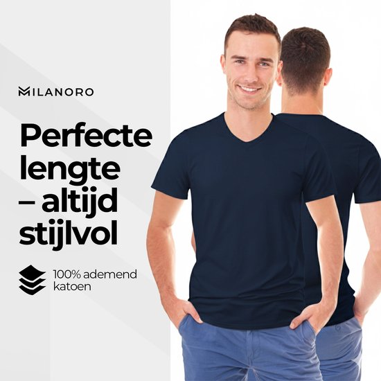 Milanoro - 4-pack extra lange katoenen T-shirts - Navy - Ronde hals - S
