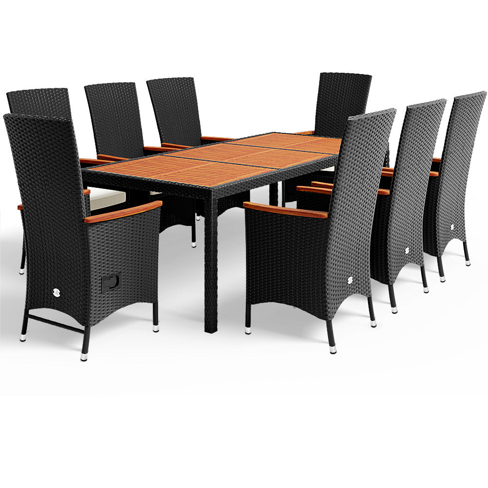 Casaria Polyrattan Tuinset - 8 Stoelen 1Tafel incl. Kussens - Zwart