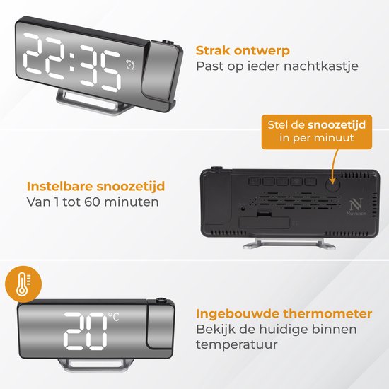 Nuvance Digitale Wekker met Projectie - Digitale Klok Slaapkamer - Snooze Functie - Wekkers Digitaal - Alarmklok