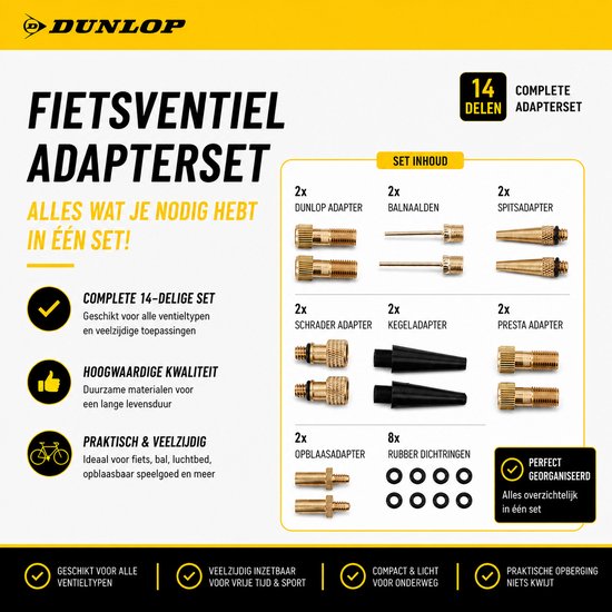 Dunlop Fietspomp met Drukmeter en Ventiel Adapter Set - Vloerpomp 180 PSI - Geschikt voor Presta Dunlop Schrader - Verloopnippels voor Fiets Auto Bal - Inclusief Opbergdoos