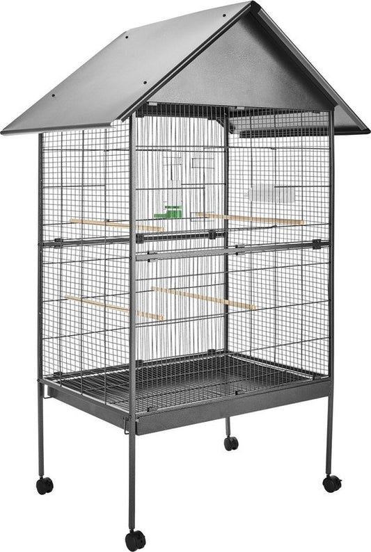 tectake® - vogelkooi - volière - met puntdak - 168 cm hoog - op wieltjes