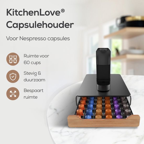 KitchenLove Capsulehouder – Met Lade – 60 Cups – 41,5 x 26,5 x 8 cm – Zwart/Hout