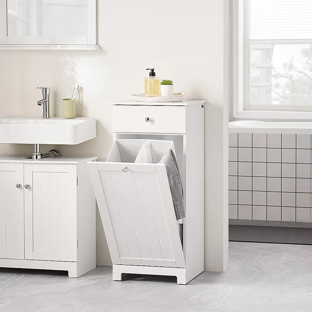 Sobuy Badkamerkast Wasmandkast – Voorzien Van 1 Uitneembare Wasmand En 1 Deur En 1 Schuiflade – Voor Badkamer En Wasruimte – Wit Gelakt Mdf – 40 x 38 x 90 cm