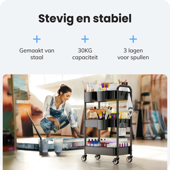 Keuken trolley op Wieltjes - 3 laags - Rek - Serveer - Wagen - Kastje - Opberg - Douche kastjes staand - Rekje - Zwart - Luft