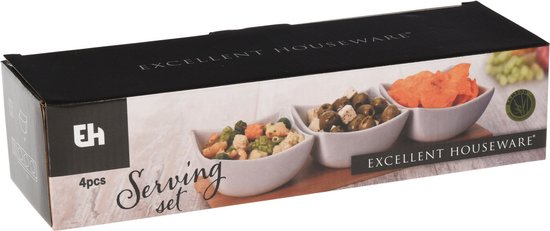 Excellent Houseware - Serveerplank/borrelplank- hapjes/saus/tapas - porselein - incl. 3x schaaltjes