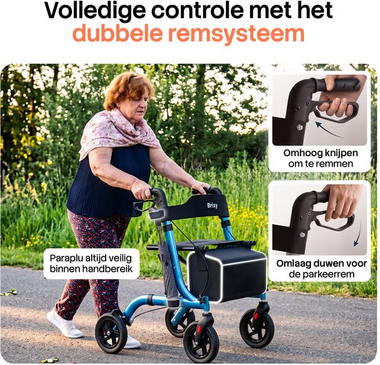 Brixy Rollator - Lichtgewicht & Opvouwbaar - 360° Rubberen Wielen - Zitfunctie - Binnen & Buiten - Rugleuning, Tas & Wandelstokhouder - Blauw