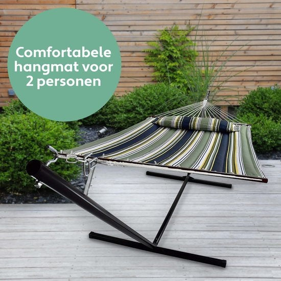 Vita5 Hangmat met Standaard en Spreidstok – 2 Persoons – Afneembaar kussen – uv-bestendig – Blauw