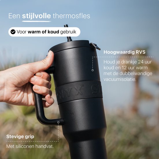 ONYX Drinkfles met Rietje 1 Liter - Waterfles voor Kinderen & Volwassenen - Thermosbeker RVS Travel Mug - Motiverende Drinkbus - Drinkbeker voor School - Onyx Black