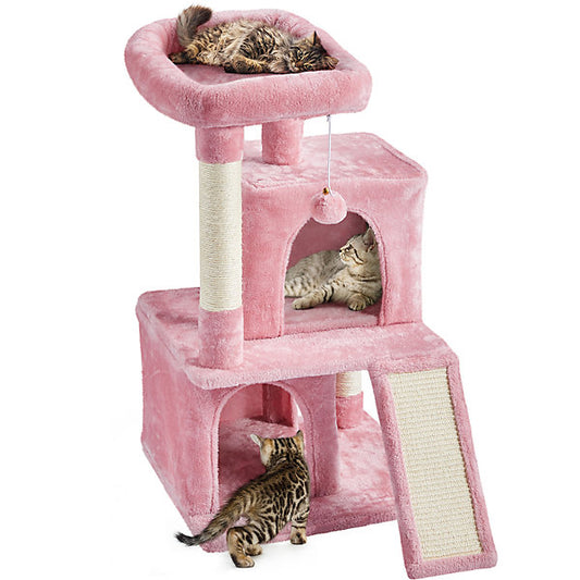 Yaheetech Krabpaal met 2 kattenhuisjes en ligplateau - 49 x 45,5 x 91 cm - Lichtroze